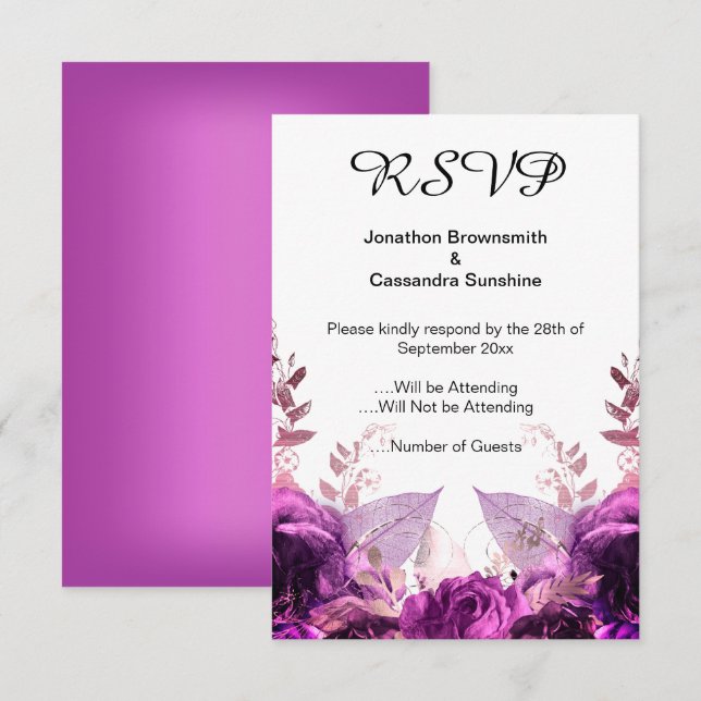 INVITACIÓN ELEGANTE SIMPLE RSVP METÁLICA FLORAL PURPLE (Anverso / Reverso)