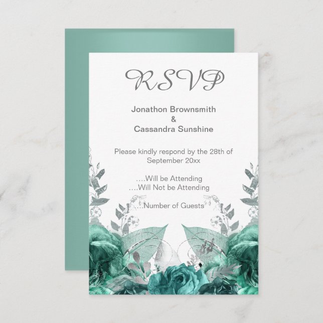 INVITACIÓN ELEGANTE SIMPLE RSVP METÁLICA VERDE FLORAL (Anverso / Reverso)
