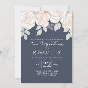 Invitación Elegante Simple Rubor Rosa Floral Azul Marino Foll