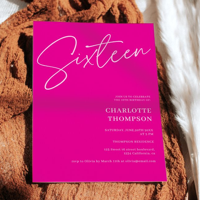 Invitación Elegante, simple y moderno foto rosa caliente Swee (Elegant simple modern hot pink photo Sweet 16 Invitation)