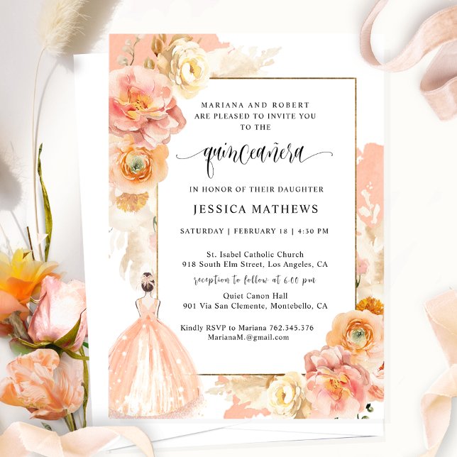 Invitación Elegante, singular princesa floral de color Peach  (Subido por el creador)
