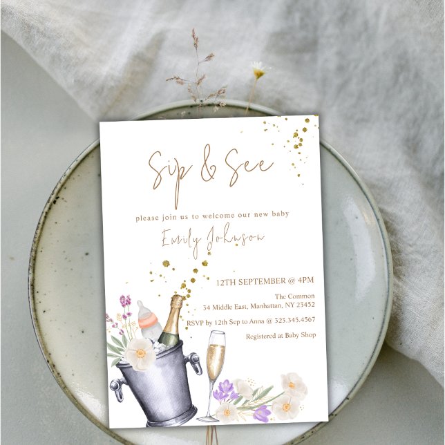 Invitación Elegante Sip y ver Baby Shower de botella de champ (Elegant Sip & See Champagne Bottle Baby Shower Invitation)