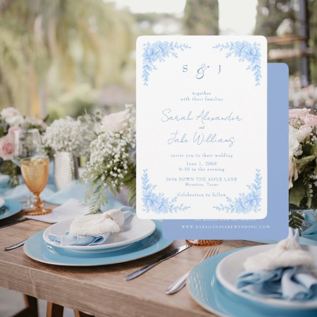 Invitación Elegante sitio web de boda floral azul redondeado (Subido por el creador)
