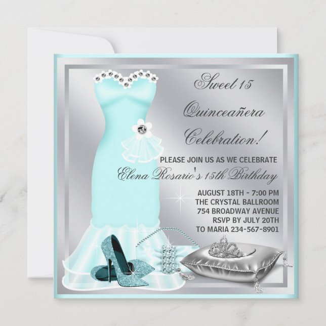 Invitación Elegante Sivler y Verde azulada Quinceanera Azul (Anverso)