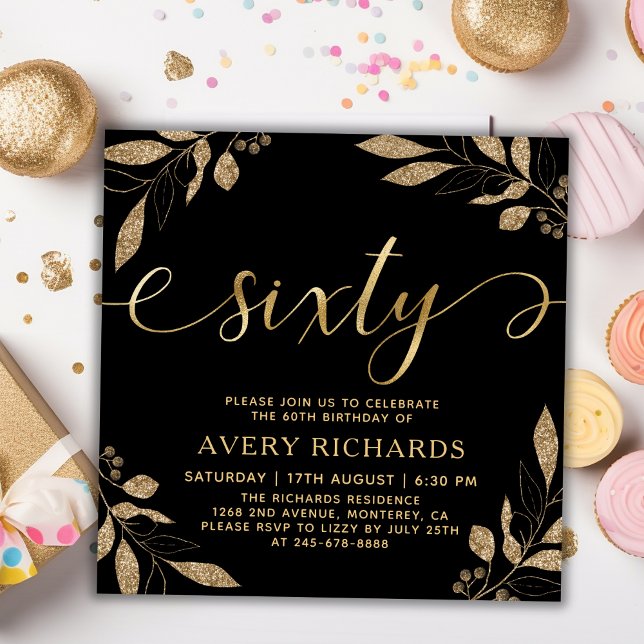 Invitación Elegante Sixty Gold Script Negro 60 cumpleaños (Subido por el creador)