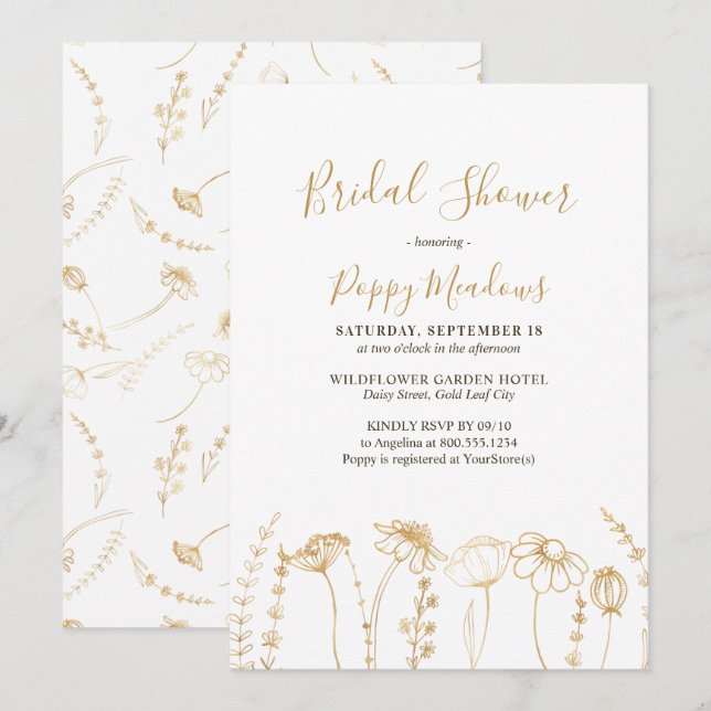 Invitación Elegante Sketch de oro Flor silvestre ducha de nov (Anverso / Reverso)