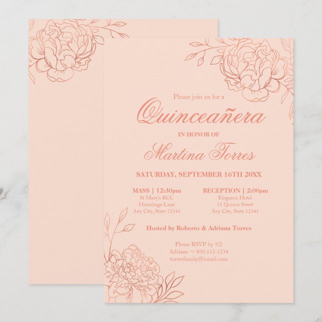 Invitación Elegante Sketch de oro rosa rosa floral Quinceaner (Anverso / Reverso)