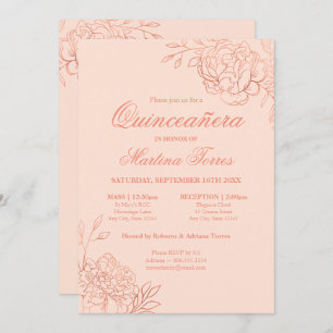 Invitación Elegante Sketch de oro rosa rosa floral Quinceaner
