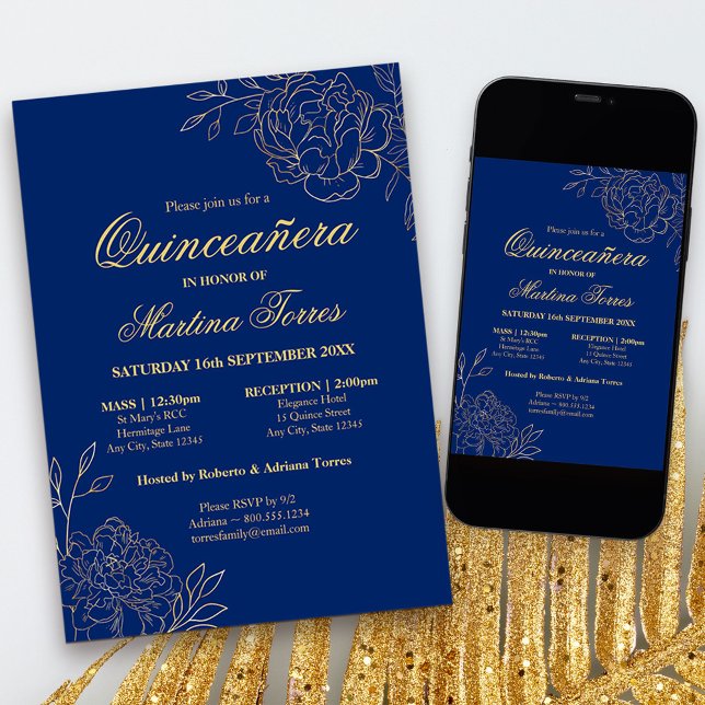 Invitación Elegante Sketch Royal Blue Gold Floral Quinceanera (Blue & Gold Quinceanera Invitation with church ceremony, from my Gold Sketched Floral collection)