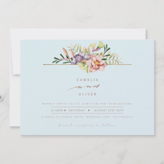 Invitación Elegante Sky Blue Summer Floral Wedding Invitar QR (Anverso)