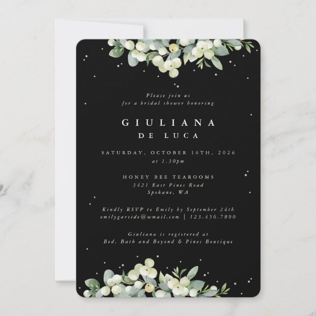 Invitación Elegante Snowberry negro + ducha nupcial Eucalyptu (Anverso)