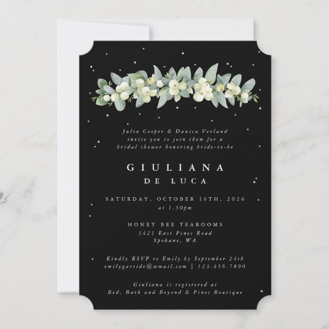 Invitación Elegante Snowberry negro + ducha nupcial Eucalyptu (Anverso)