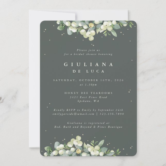 Invitación Elegante Snowberry verde + Eucalyptus Bridal Showe (Anverso)