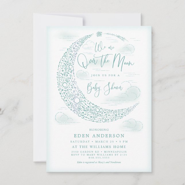 Invitación Elegante sobre la luna Baby Shower género neutral (Anverso)
