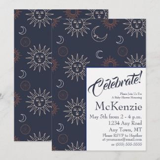 Invitación Elegante sol y luna en Baby Shower celestial azul