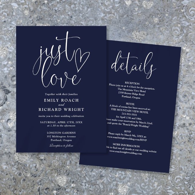 Invitación Elegante Solo Amor Todo En Uno Boda Azul Marino (Elegant Just Love All In One Navy Blue Wedding Invitation)