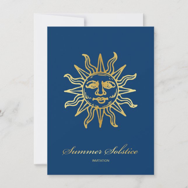Invitación Elegante solsticio de verano marino azul y oro met (Anverso)