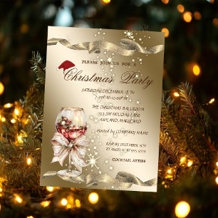 Invitación Elegante, Sombrero de Santa, Copa de Vino Fiesta d