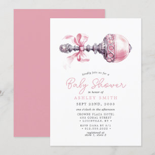 Invitación Elegante Sonajero Rosa para Bebé Niña Fiesta de Cu