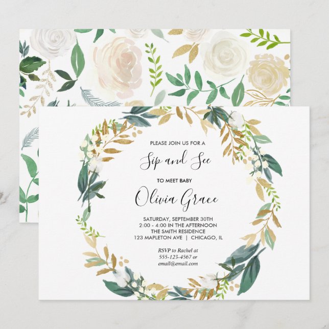 Invitación Elegante sorbo dorado blanco y ver (Anverso / Reverso)