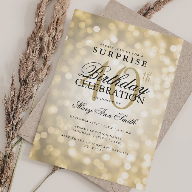 Invitación Elegante SORPRESA 40.º Día Luces de Oro Glam (Elegant SURPRISE 40th Birthday Glam Gold Lights Invitation)