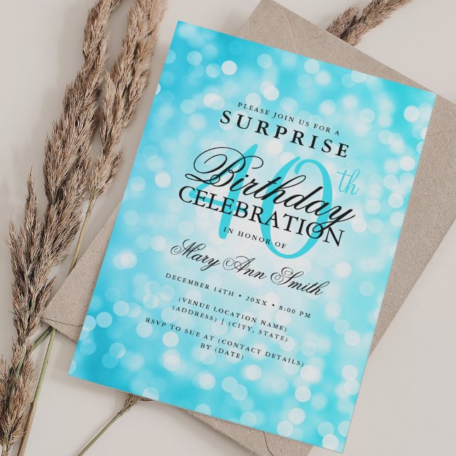 Invitación Elegante SORPRESA 40° cumpleaños luces turquesas (Elegant SURPRISE 40th Birthday Turquoise Lights Invitation)