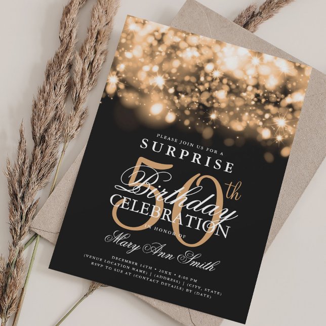 Invitación Elegante SORPRESA 50 cumpleaños oro lujoso (Elegant SURPRISE 50th Birthday Luxurious Gold Invitation)