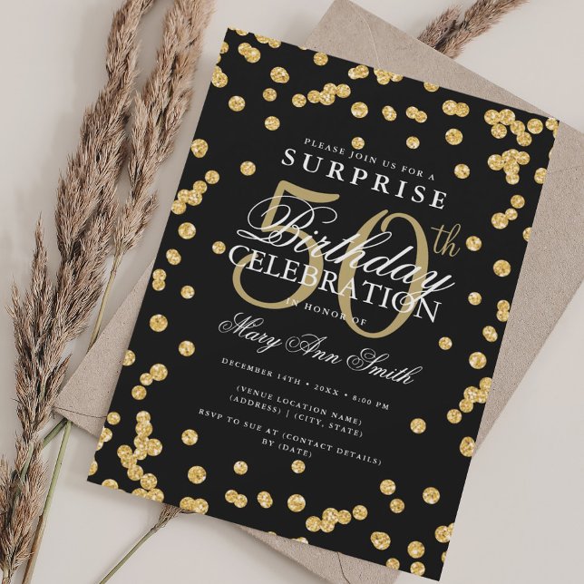 Invitación Elegante SORPRESA 50 cumpleaños oro negro (Elegant SURPRISE 50th Birthday Gold Black Invitation)