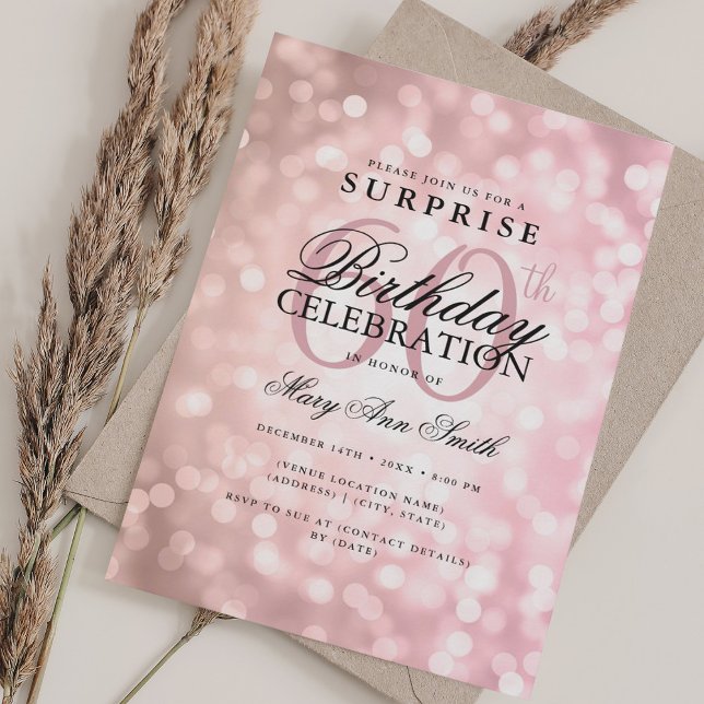 Invitación Elegante SORPRESA 60.ª Rosa de Oro de cumpleaños (Elegant SURPRISE 60th Birthday Rose Gold Lights Invitation)