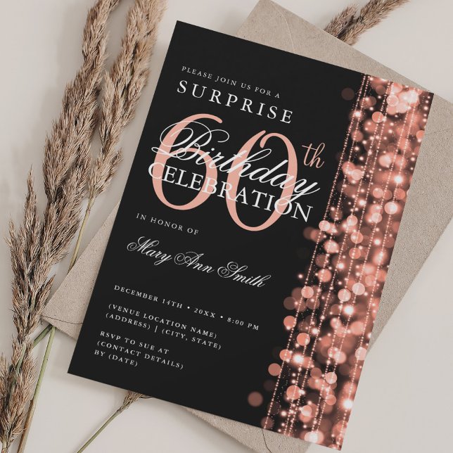 Invitación Elegante Sorpresa 60 cumpleaños Sparkles Rosa Oro (Elegant Surprise 60th Birthday Sparkles Rose Gold Invitation)