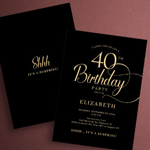 Invitación Elegante Sorpresa de Cumpleaños 40 Script en Oro N