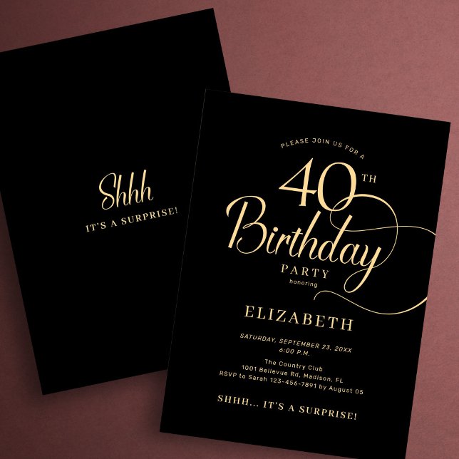 Invitación Elegante Sorpresa de Cumpleaños 40 Script en Oro N (Subido por el creador)