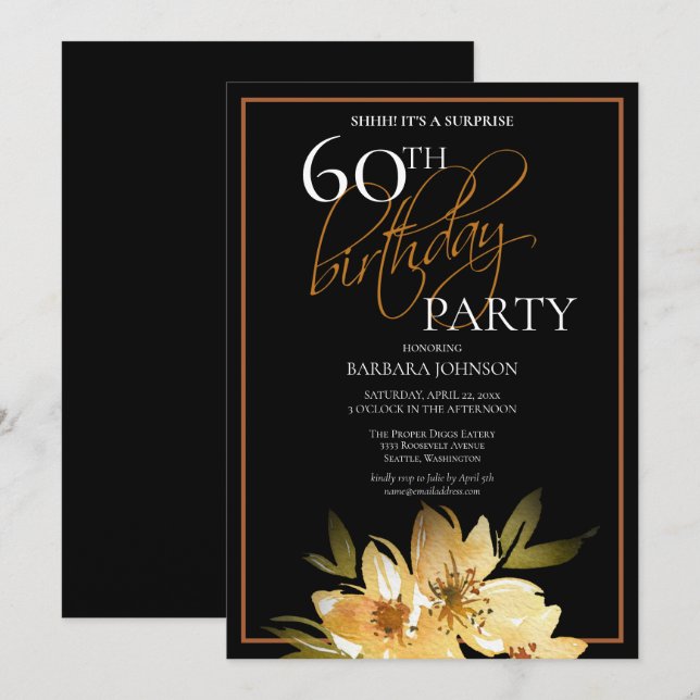 Invitación Elegante Sorpresa Floral 60 cumpleaños (Anverso / Reverso)