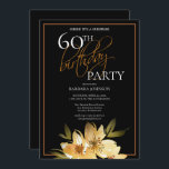 Invitación Elegante Sorpresa Floral 60 cumpleaños<br><div class="desc">Esta invitación tiene una amplia elegancia que es perfecta para su evento especial. Este diseño presenta flores amarillas suaves y tipografía personalizado sobre un elegante fondo negro. Añade tu información de cumpleaños para completar la apariencia.</div>