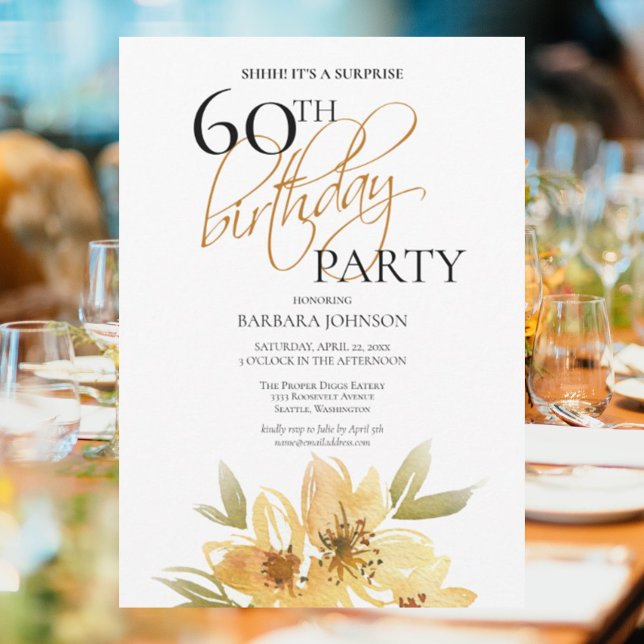 Invitación Elegante sorpresa floral amarilla 60 cumpleaños (Subido por el creador)
