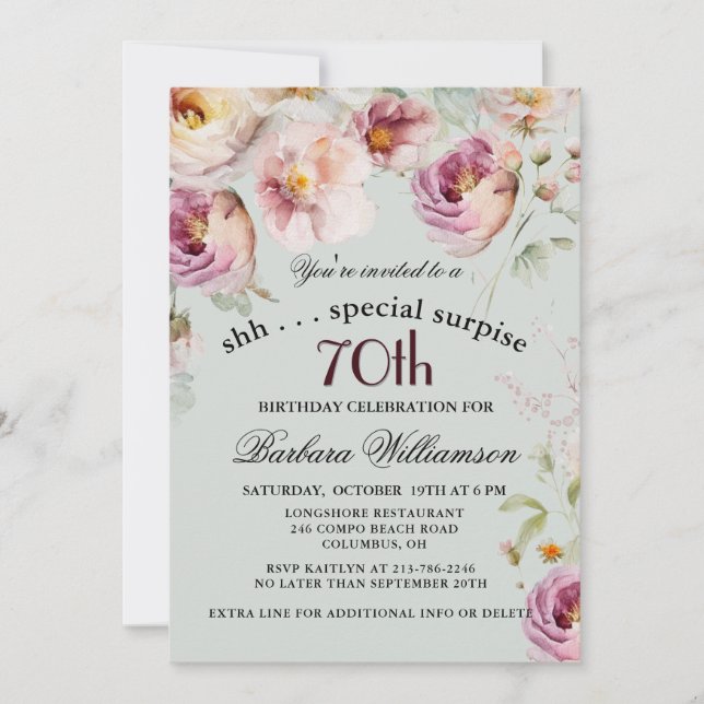 Invitación Elegante sorpresa floral pintada 70 cumpleaños (Anverso)