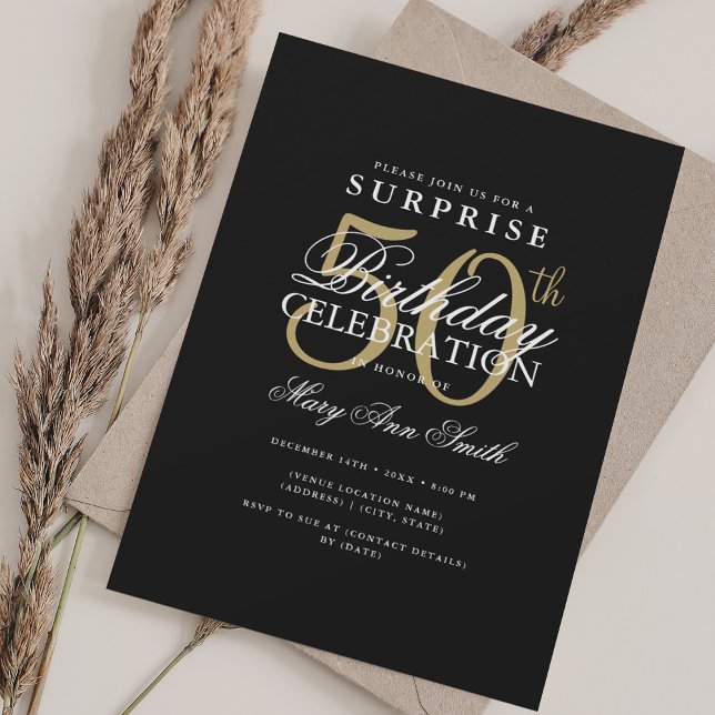 Invitación Elegante SORPRESA SORPRESA 50 cumpleaños oro (Elegant Simple SURPRISE 50th Birthday Gold Invitation)