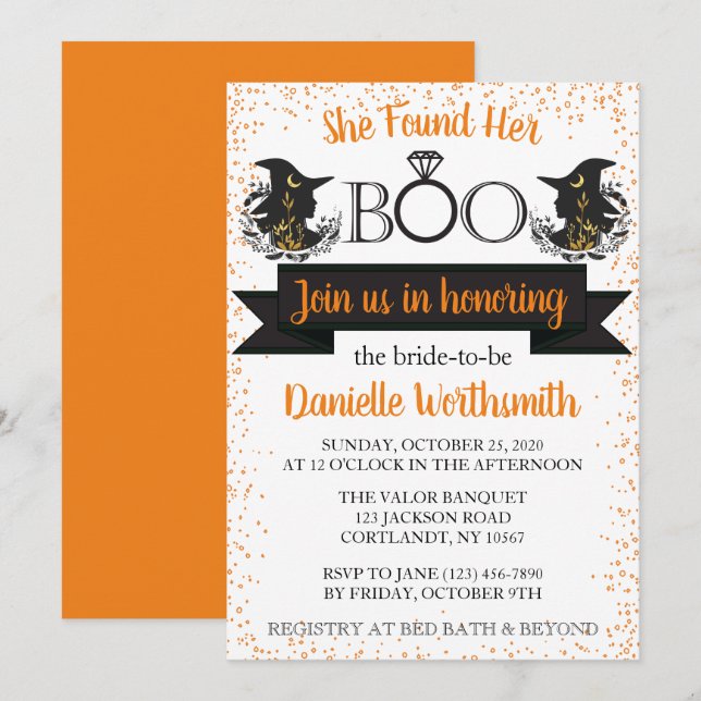 Invitación Elegante Sparkle Boo Halloween Witch Bridal Shower (Anverso / Reverso)