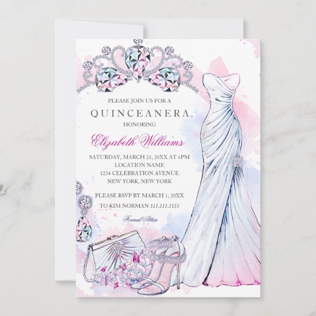 Invitación Elegante Sparkle Crystal Gown Quinceanera Invite (Anverso)