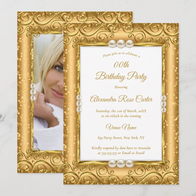 Invitación Elegante SPARKLE GOLD White Pearl Photo Birthday (Anverso / Reverso)