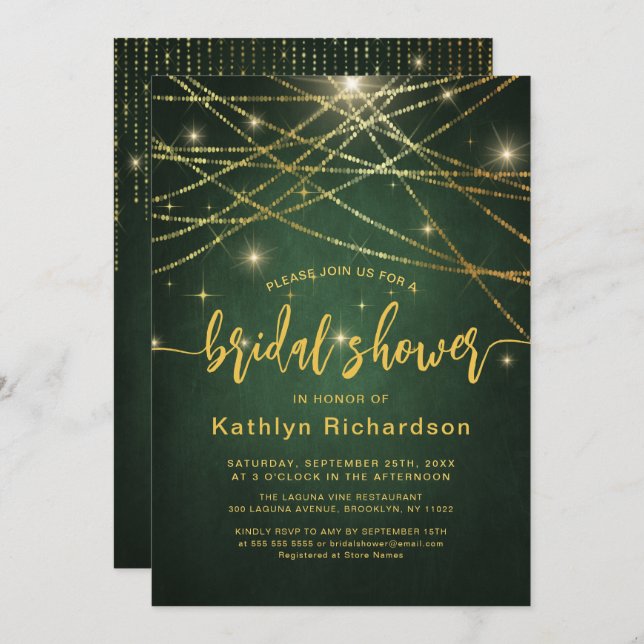 Invitación Elegante Sparkling Gold String ilumina la ducha de (Anverso / Reverso)