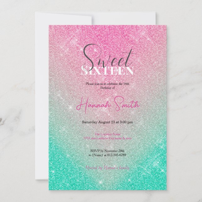 Invitación Elegante Sparkling Purpurina Pink Mint Gradient (Anverso)