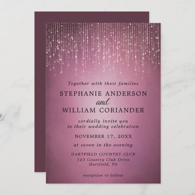 Invitación Elegante Sparkling String ilumina a Cranberry Boda (Anverso / Reverso)