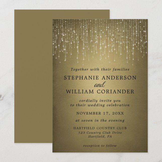 Invitación Elegante Sparkling String ilumina el Boda de oro (Anverso / Reverso)