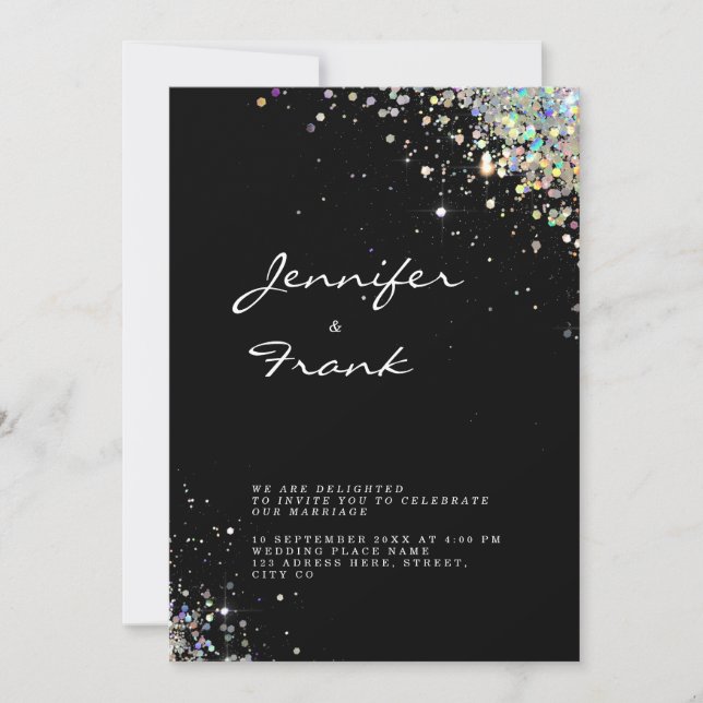 Invitación Elegante Sparkly Holográfico Purpurina Negro Moder (Anverso)