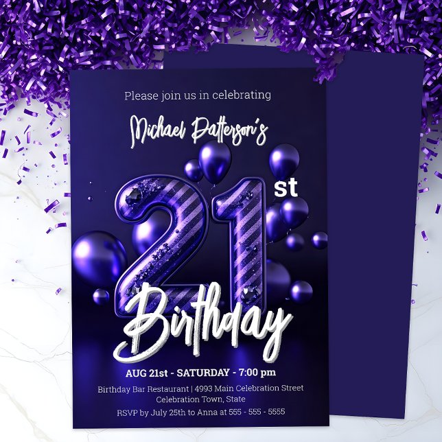 Invitación Elegante Sparkly Purple y Plata 21º cumpleaños (Subido por el creador)