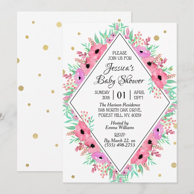 Invitación Elegante Spring Watercolor Floral Baby Shower (Anverso / Reverso)
