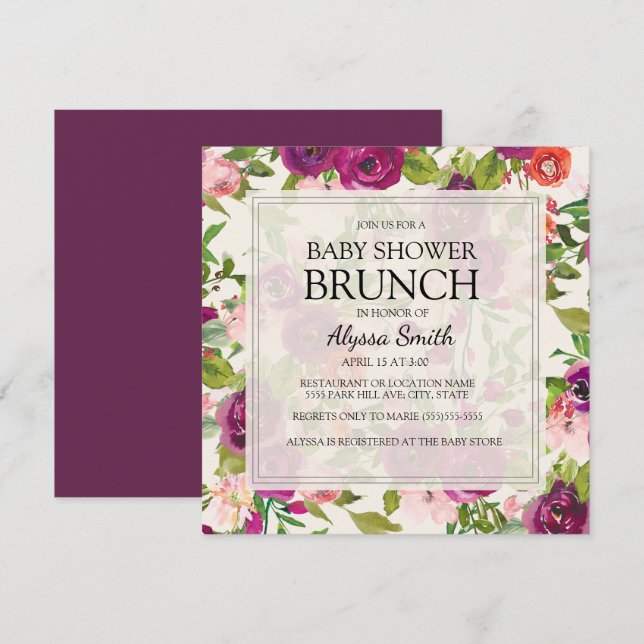 Invitación Elegante Square Pink Purple Floral Baby Shower (Anverso / Reverso)