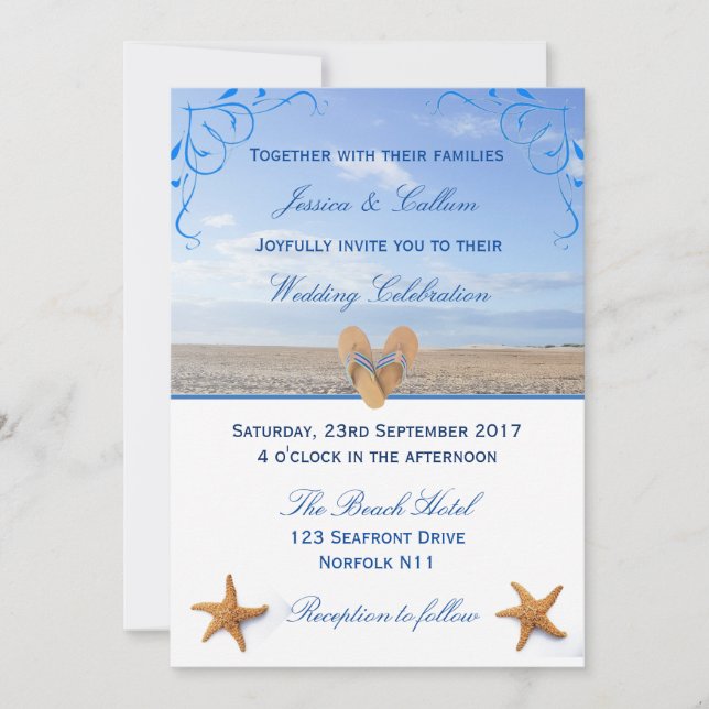 Invitación Elegante Starfish & Flip Flops Beach Wedding (Anverso)