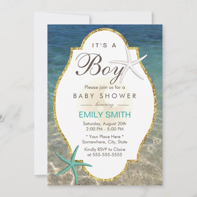 Invitación Elegante Starfish Tropical Beach Boy Baby Shower (Anverso)